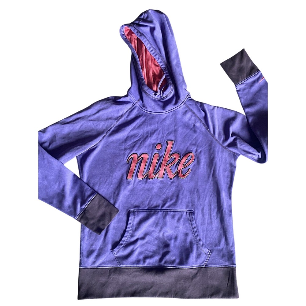 Nike Therma-FIT Purple‎ Pullover Hoodie Pink Logo Thumbholes 654769-553 Large
